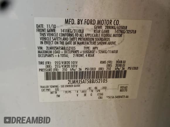 ✅ 2011 Lincoln MKT EcoBoost • VIN: 2LMHJ5AT5BBJ52105 • Lot: 69283025. Listed on Copart with 189,954 mi. Free auction sales archive from the USA and detailed vehicle history report at DreamBid. Image 12.