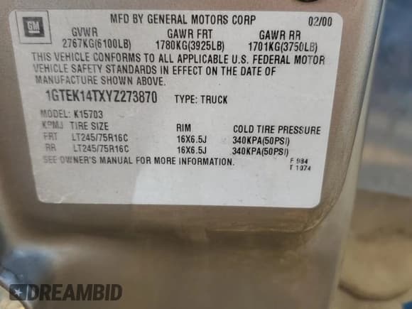 ✅ 2000 GMC Sierra 1500 SLE • VIN: 1GTEK14TXYZ273870 • Лот: 87447194. Опубликован ранее на Copart с пробегом Не указан. Бесплатный доступ к архиву аукционных продаж из США и подробный отчёт об истории автомобиля на DreamBid. Изображение 14.