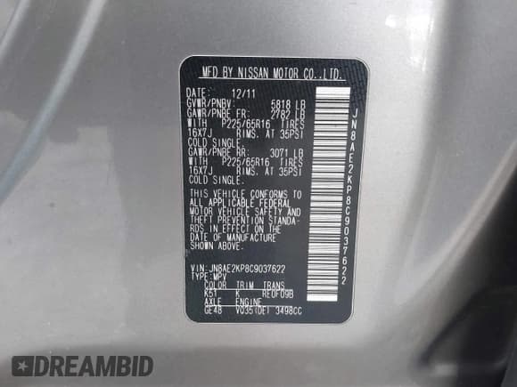 ✅ 2012 Nissan Quest SL • VIN: JN8AE2KP8C9037622 • Lot: 41736154. Wystawiony na IAAI z przebiegiem 80 544 mil. Bezpłatny archiwum sprzedaży aukcyjnych z USA i szczegółowy raport historii pojazdu na DreamBid. Zdjęcie 9.