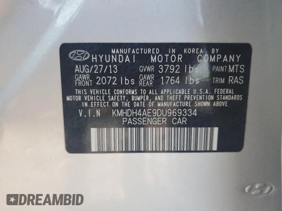 ✅ 2013 Hyundai Elantra GLS • VIN: KMHDH4AE9DU969334 • Lot: 81041495. Listed on Copart with 57,693 mi. Free auction sales archive from the USA and detailed vehicle history report at DreamBid. Image 12.