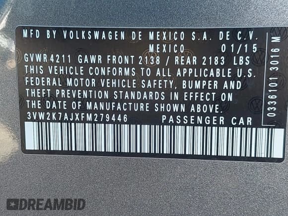 ✅ 2015 Volkswagen Jetta S • VIN: 3VW2K7AJXFM279446 • Lot: 43466385. Listed on IAAI with 190,075 mi. Free auction sales archive from the USA and detailed vehicle history report at DreamBid. Image 9.