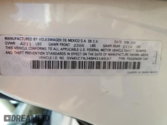 ✅ 2011 Volkswagen Jetta SE • VIN: 3VWDZ7AJ4BM316537 • Lot: 55170355. Listed on Copart with 185,265 mi. Free auction sales archive from the USA and detailed vehicle history report at DreamBid. Image 12.