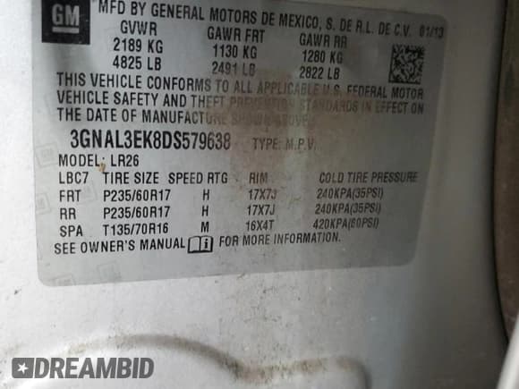 ✅ 2013 Chevrolet Captiva Sport LT • VIN: 3GNAL3EK8DS579638 • Lot: 49317135. Wystawiony na Copart z przebiegiem 69 095 mil. Bezpłatny archiwum sprzedaży aukcyjnych z USA i szczegółowy raport historii pojazdu na DreamBid. Zdjęcie 13.