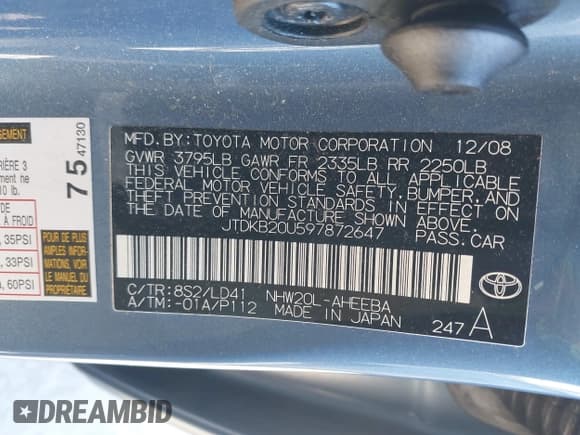 ✅ 2009 Toyota Prius • VIN: JTDKB20U597872647 • Lot: 43763579. Listed on IAAI with 108,224 mi. Free auction sales archive from the USA and detailed vehicle history report at DreamBid. Image 9.