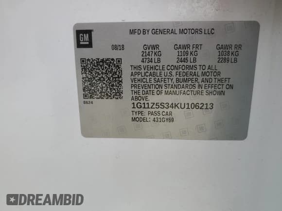 ✅ 2019 Chevrolet Impala LT • VIN: 1G11Z5S34KU106213 • Лот: 51707074. Опубликован ранее на Copart с пробегом Не указан. Бесплатный доступ к архиву аукционных продаж из США и подробный отчёт об истории автомобиля на DreamBid. Изображение 13.