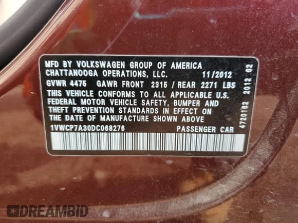 ✅ 2013 Volkswagen Passat SEL • VIN: 1VWCP7A30DC068276 • Lot: 80512125. Listed on Copart with 133,172 mi. Free auction sales archive from the USA and detailed vehicle history report at DreamBid. Image 12.