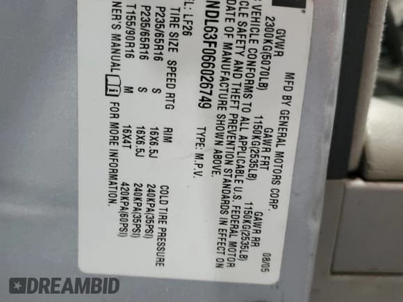 ✅ 2006 Chevrolet Equinox LT • VIN: 2CNDL63F066026749 • Лот: 43434055. Опубликован ранее на Copart с пробегом 219 127 миль. Бесплатный доступ к архиву аукционных продаж из США и подробный отчёт об истории автомобиля на DreamBid. Изображение 13.