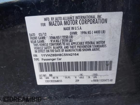 ✅ 2012 Mazda 6 i Sport • VIN: 1YVHZ8BH8C5M42164 • Lot: 42248149. Listed on IAAI with 114,929 mi. Free auction sales archive from the USA and detailed vehicle history report at DreamBid. Image 9.