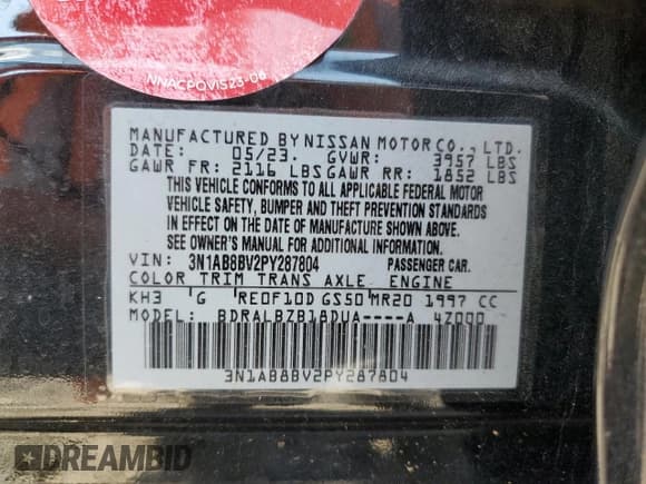 ✅ 2023 Nissan Sentra S • VIN: 3N1AB8BV2PY287804 • Lot: 72040165. Wystawiony na Copart z przebiegiem 37 895 mil. Bezpłatny archiwum sprzedaży aukcyjnych z USA i szczegółowy raport historii pojazdu na DreamBid. Zdjęcie 13.