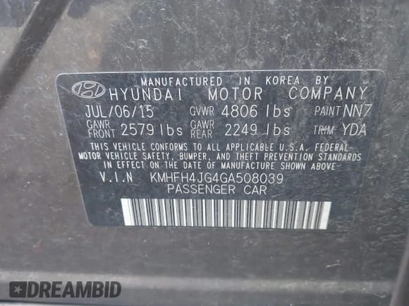 ✅ 2016 Hyundai Azera Limited • VIN: KMHFH4JG4GA508039 • Lot: 43509733. Listed on IAAI with 39,443 mi. Free auction sales archive from the USA and detailed vehicle history report at DreamBid. Image 9.