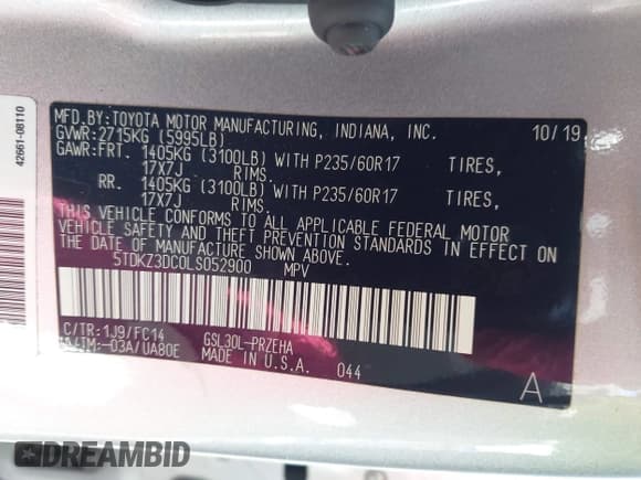 ✅ 2020 Toyota Sienna LE Auto Access Seat • VIN: 5TDKZ3DC0LS052900 • Lot: 41940962. Listed on IAAI with 70,095 mi. Free auction sales archive from the USA and detailed vehicle history report at DreamBid. Image 9.