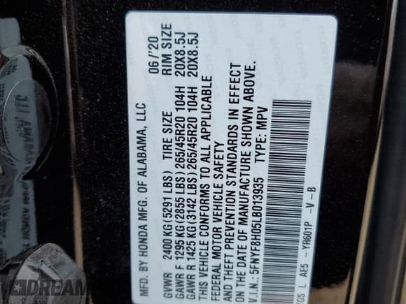 ✅ 2020 Honda Passport Elite • VIN: 5FNYF8H05LB013935 • Lot: 51252295. Listed on Copart with 41,824 mi. Free auction sales archive from the USA and detailed vehicle history report at DreamBid. Image 13.