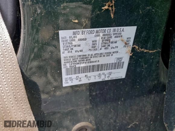 ✅ 2001 Ford F-250 XL • VIN: 1FTNW21F41EB84415 • Lot: 96228505. Wystawiony na Copart z przebiegiem 151 285 mil. Bezpłatny archiwum sprzedaży aukcyjnych z USA i szczegółowy raport historii pojazdu na DreamBid. Zdjęcie 12.