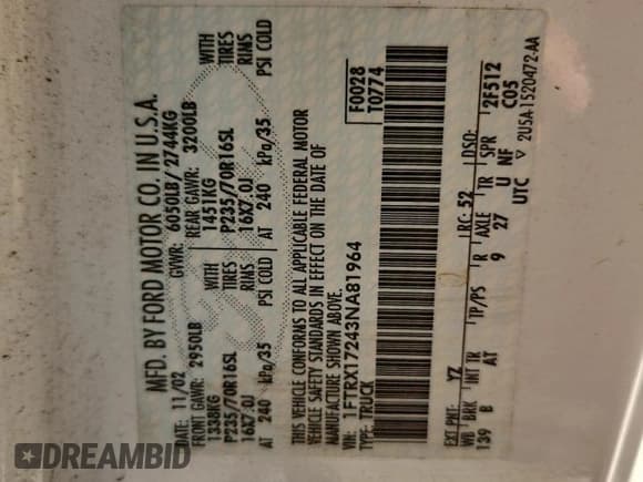 ✅ 2003 Ford F-150 XL • VIN: 1FTRX17243NA81964 • Lot: 86498075. Listed on Copart with 114,588 mi. Free auction sales archive from the USA and detailed vehicle history report at DreamBid. Image 12.