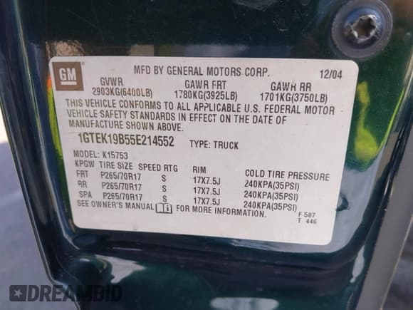 ✅ 2005 GMC Sierra 1500 SLE • VIN: 1GTEK19B55E214552 • Lot: 43475923. Listed on IAAI with 188,902 mi. Free auction sales archive from the USA and detailed vehicle history report at DreamBid. Image 9.