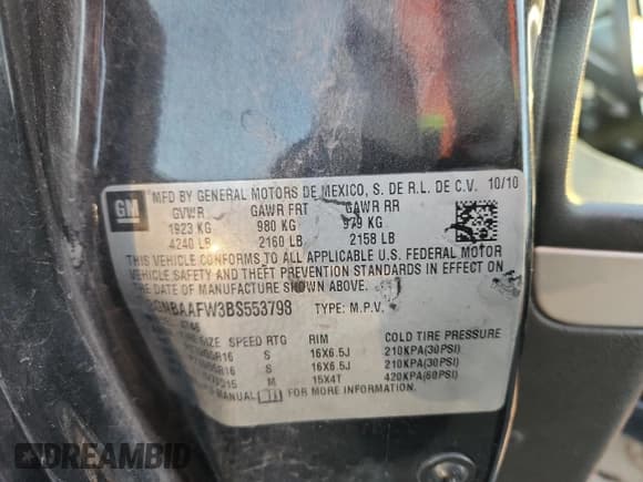 ✅ 2011 Chevrolet HHR LS • VIN: 3GNBAAFW3BS553798 • Лот: 86849295. Опубликован ранее на Copart с пробегом 129 153 миль. Бесплатный доступ к архиву аукционных продаж из США и подробный отчёт об истории автомобиля на DreamBid. Изображение 13.