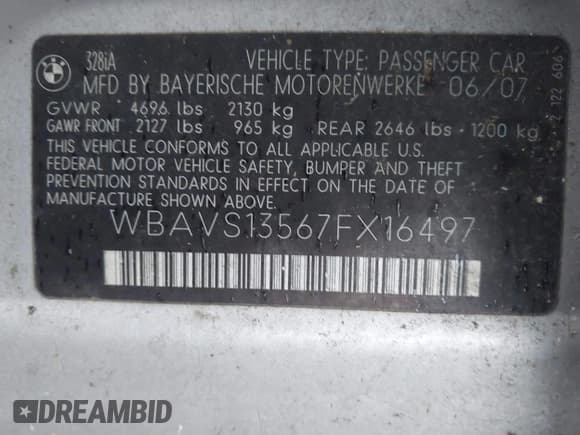 ✅ 2007 BMW 3 Series 328i • VIN: WBAVS13567FX16497 • Lot: 41395943. Listed on IAAI with 171,518 mi. Free auction sales archive from the USA and detailed vehicle history report at DreamBid. Image 9.