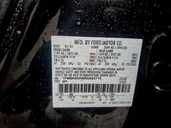 ✅ 2024 Ford Explorer XLT • VIN: 1FMSK8DH8RGA03715 • Lot: 95565915. Wystawiony na Copart z przebiegiem 63 262 mil. Bezpłatny archiwum sprzedaży aukcyjnych z USA i szczegółowy raport historii pojazdu na DreamBid. Zdjęcie 13.
