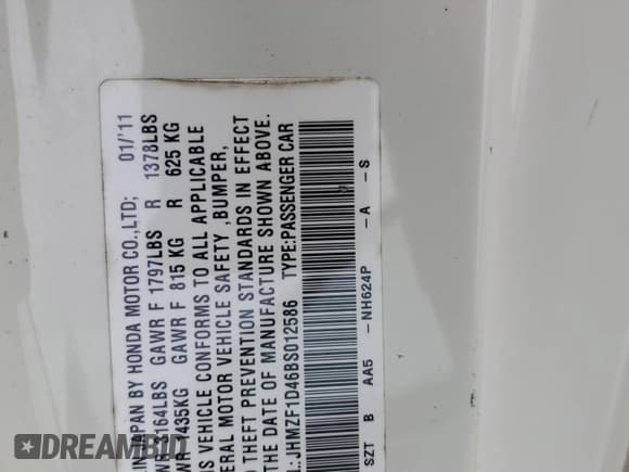 ✅ 2011 Honda CR-Z • VIN: JHMZF1D46BS012586 • Lot: 69381005. Listed on Copart with 194,946 mi. Free auction sales archive from the USA and detailed vehicle history report at DreamBid. Image 12.