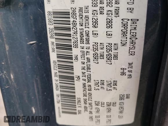 ✅ 2007 Chrysler Pacifica • VIN: 2A8GF48X27R127699 • Lot: 46501355. Listed on Copart with 133,606 mi. Free auction sales archive from the USA and detailed vehicle history report at DreamBid. Image 14.