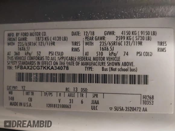 ✅ 2019 Ford Transit Passenger XL • VIN: 1FBAX2CG7KKA34078 • Lot: 41836963. Wystawiony na IAAI z przebiegiem 82 891 mil. Bezpłatny archiwum sprzedaży aukcyjnych z USA i szczegółowy raport historii pojazdu na DreamBid. Zdjęcie 9.