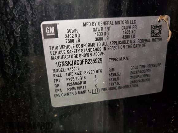 ✅ 2015 Chevrolet Suburban LT • VIN: 1GNSKJKC0FR235929 • Лот: 89508065. Опубликован ранее на Copart с пробегом 212 595 миль. Бесплатный доступ к архиву аукционных продаж из США и подробный отчёт об истории автомобиля на DreamBid. Изображение 13.