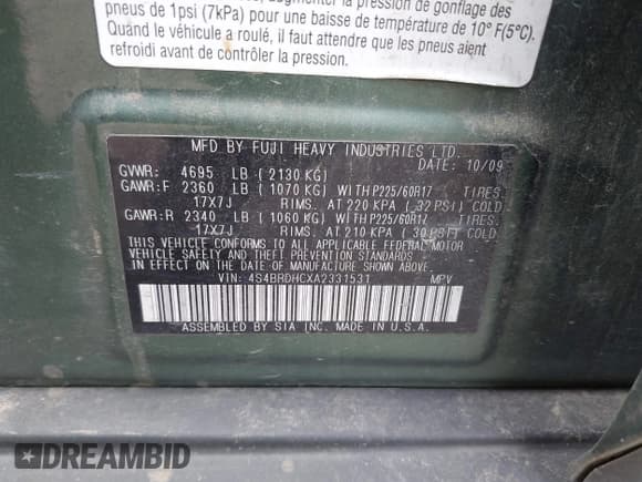 ✅ 2010 Subaru Outback Premium • VIN: 4S4BRDHCXA2331531 • Lot: 42915027. Wystawiony na IAAI z przebiegiem 161 382 mil. Bezpłatny archiwum sprzedaży aukcyjnych z USA i szczegółowy raport historii pojazdu na DreamBid. Zdjęcie 9.