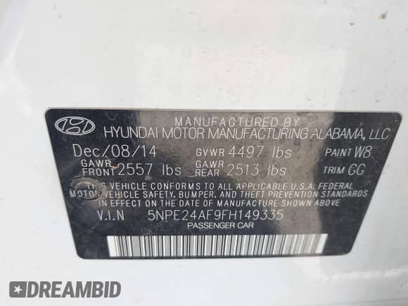 2015 Hyundai Sonata SE with VIN 5NPE24AF9FH149335, listed as a IAAI auction lot 42985916 with 111,875 mi miles and . Bid and sale history available at DreamBid. Image 9.