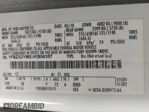 ✅ 2018 Ford Transit Passenger XL • VIN: 1FBZX2YMXJKB06357 • Лот: 43925982. Опубликован ранее на IAAI с пробегом 73 191 миль. Бесплатный доступ к архиву аукционных продаж из США и подробный отчёт об истории автомобиля на DreamBid. Изображение 9.