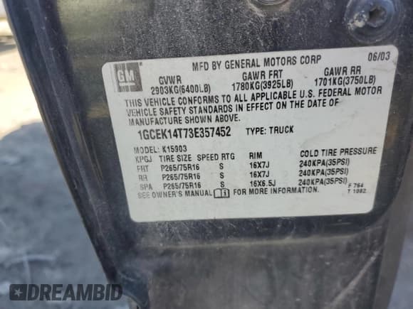 ✅ 2003 Chevrolet Silverado 1500 • VIN: 1GCEK14T73E357452 • Lot: 47267595. Listed on Copart with 157,325 mi. Free auction sales archive from the USA and detailed vehicle history report at DreamBid. Image 12.