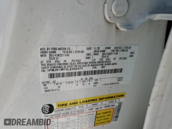 ✅ 2020 Ford Expedition Max Platinum • VIN: 1FMJK1MT5LEA92475 • Lot: 58872975. Wystawiony na Copart z przebiegiem 63 215 mil. Bezpłatny archiwum sprzedaży aukcyjnych z USA i szczegółowy raport historii pojazdu na DreamBid. Zdjęcie 13.