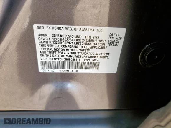 ✅ 2017 Honda Pilot EX-L • VIN: 5FNYF5H50HB036816 • Лот: 80192545. Опубликован ранее на Copart с пробегом 167 448 миль. Бесплатный доступ к архиву аукционных продаж из США и подробный отчёт об истории автомобиля на DreamBid. Изображение 13.