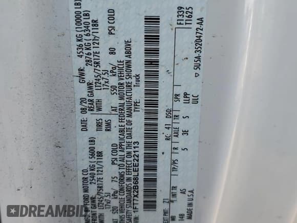 ✅ 2020 Ford F-250 XL • VIN: 1FT7X2B68LEE22113 • Lot: 85124345. Wystawiony na Copart z przebiegiem 112 404 mil. Bezpłatny archiwum sprzedaży aukcyjnych z USA i szczegółowy raport historii pojazdu na DreamBid. Zdjęcie 12.