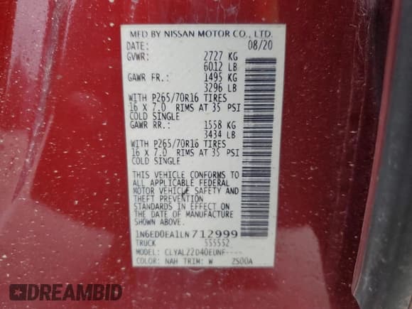 ✅ 2020 Nissan Frontier S • VIN: 1N6ED0EA1LN712999 • Лот: 56111725. Опубликован ранее на Copart с пробегом Не указан. Бесплатный доступ к архиву аукционных продаж из США и подробный отчёт об истории автомобиля на DreamBid. Изображение 12.