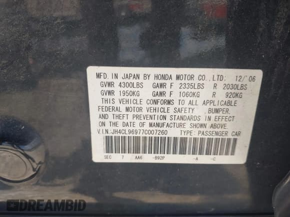 ✅ 2007 Acura TSX Navi • VIN: JH4CL96977C007260 • Lot: 42845953. Listed on IAAI with 139,307 mi. Free auction sales archive from the USA and detailed vehicle history report at DreamBid. Image 9.
