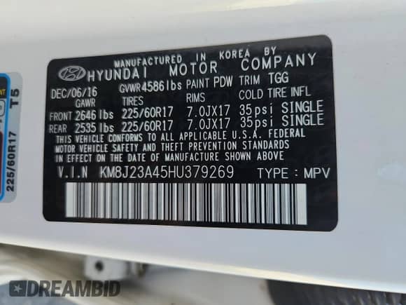 2017 Hyundai Tucson SE with VIN KM8J23A45HU379269, listed as a Copart auction lot 82280755 with 87,460 mi miles and Salvage title. Bid and sale history available at DreamBid. Image 13.