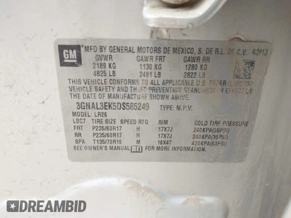 ✅ 2013 Chevrolet Captiva Sport LT • VIN: 3GNAL3EK5DS585249 • Lot: 42395833. Wystawiony na IAAI z przebiegiem 162 746 mil. Bezpłatny archiwum sprzedaży aukcyjnych z USA i szczegółowy raport historii pojazdu na DreamBid. Zdjęcie 9.