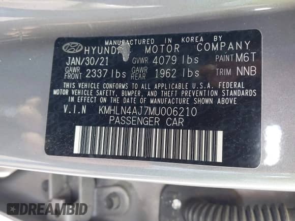 2021 Hyundai Elantra Limited with VIN KMHLN4AJ7MU006210, listed as a IAAI auction lot 43080687 with 30,548 mi miles and . Bid and sale history available at DreamBid. Image 9.