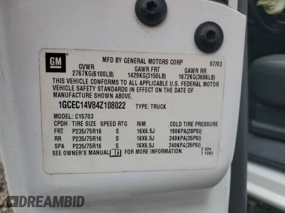 2004 Chevrolet Silverado 1500 LS z VIN 1GCEC14V84Z108022, wystawiony jako Copart lot #73192974 z przebiegiem 161 919 mil mil oraz Szkoda całkowita • Salvage title. Historia ofert i sprzedaży dostępna na DreamBid. Obrazek 12.