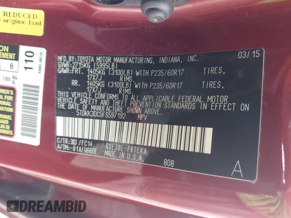 ✅ 2015 Toyota Sienna LE • VIN: 5TDKK3DC5FS597192 • Lot: 42708412. Listed on IAAI with 178,116 mi. Free auction sales archive from the USA and detailed vehicle history report at DreamBid. Image 9.