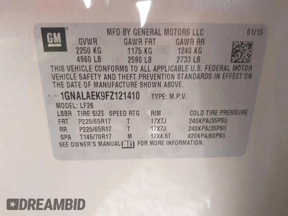 2015 Chevrolet Equinox LS с VIN 1GNALAEK9FZ121410, выставлен на аукционе IAAI как лот 43500058 с пробегом 79 531 миль миль и . История ставок и продаж доступна на DreamBid. Изображение 9.