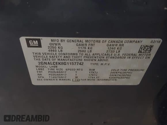 ✅ 2016 Chevrolet Equinox LT • VIN: 2GNALCEK8G1157742 • Lot: 43557755. Listed on IAAI with 62,809 mi. Free auction sales archive from the USA and detailed vehicle history report at DreamBid. Image 9.