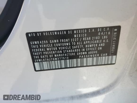 ✅ 2016 Volkswagen Jetta SEL • VIN: 3VWL07AJ7GM377510 • Lot: 91570255. Listed on Copart with 121,561 mi. Free auction sales archive from the USA and detailed vehicle history report at DreamBid. Image 12.