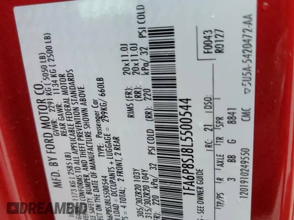 2020 Ford Mustang Shelby GT500 z VIN 1FA6P8SJ8L5500544, wystawiony jako Copart lot #51481975 z przebiegiem 15 125 mil mil oraz Szkoda całkowita • Salvage title. Historia ofert i sprzedaży dostępna na DreamBid. Obrazek 14.