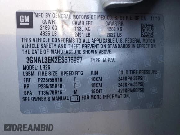 ✅ 2014 Chevrolet Captiva Sport LT • VIN: 3GNAL3EK2ES575957 • Lot: 50220215. Wystawiony na Copart z przebiegiem 189 734 mil. Bezpłatny archiwum sprzedaży aukcyjnych z USA i szczegółowy raport historii pojazdu na DreamBid. Zdjęcie 14.