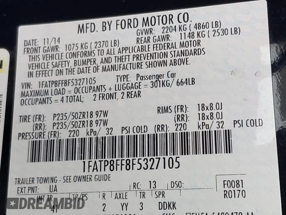 ✅ 2015 Ford Mustang GT Premium • VIN: 1FATP8FF8F5327105 • Lot: 42193645. Listed on IAAI with 105,347 mi. Free auction sales archive from the USA and detailed vehicle history report at DreamBid. Image 9.