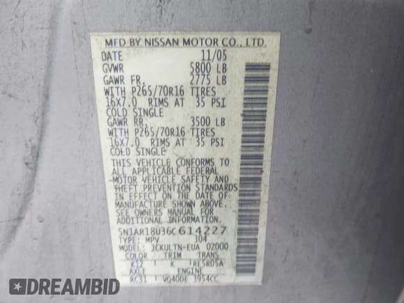 ✅ 2006 Nissan Pathfinder SE • VIN: 5N1AR18U36C614227 • Lot: 43273893. Listed on IAAI with 165,630 mi. Free auction sales archive from the USA and detailed vehicle history report at DreamBid. Image 9.