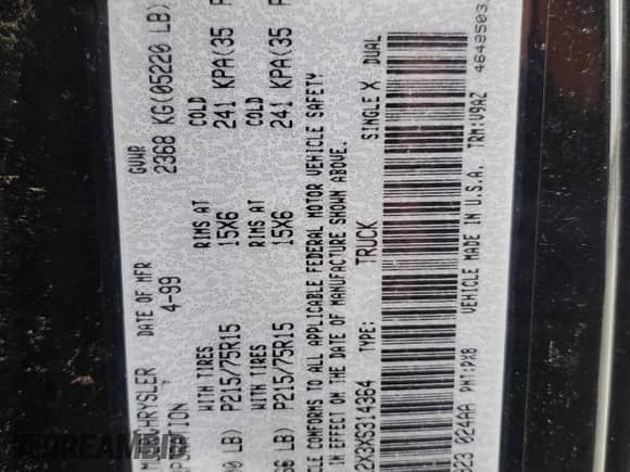 1999 Dodge Dakota SLT с VIN 1B7GL22X3XS314364, выставлен на аукционе Copart как лот 70833524 с пробегом 51 221 миль миль и Списание • Salvage title. История ставок и продаж доступна на DreamBid. Изображение 12.