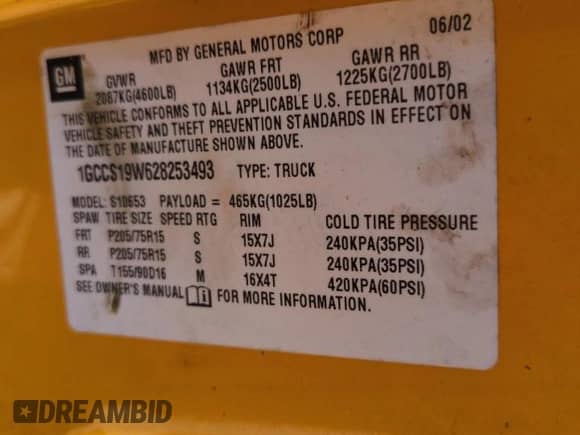 2002 Chevrolet S-10 LS с VIN 1GCCS19W628253493, выставлен на аукционе Copart как лот 75365504 с пробегом Не указан миль и Списание • Salvage title. История ставок и продаж доступна на DreamBid. Изображение 13.