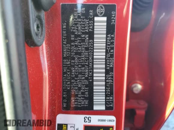 2021 Toyota Camry Hybrid XSE с VIN 4T1K31AK6MU022259, выставлен на аукционе Copart как лот 70696655 с пробегом 155 767 миль миль и Списание • Salvage title. История ставок и продаж доступна на DreamBid. Изображение 13.